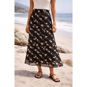 Vintage Express Black Floral Midi Skirt Chiffon A Line 90s Whimsigoth Small